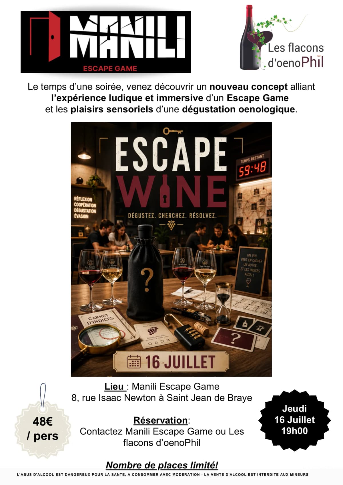 Escape Wine, événement dégustation et escape game chez Manili le 16 juillet